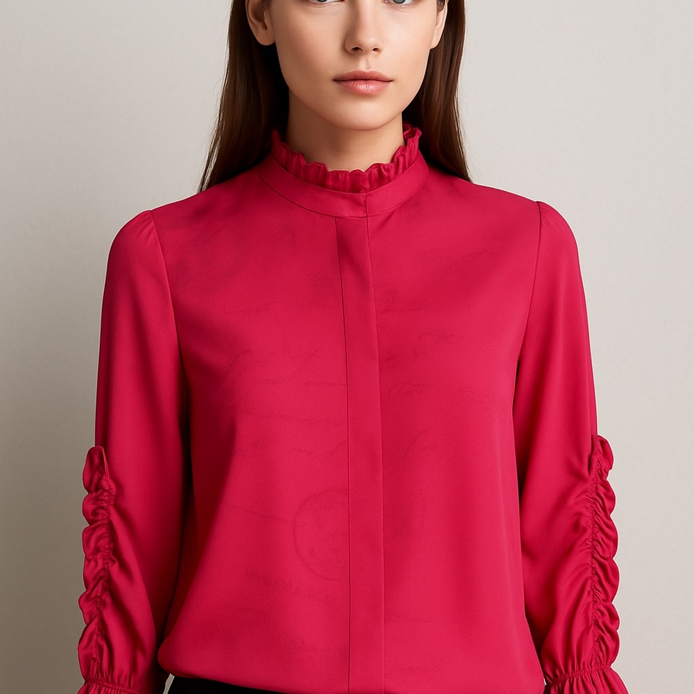Zara Basic Hot Pink Ruffle Mock Neck Blouse (Size S) Y2K, casual, workwear